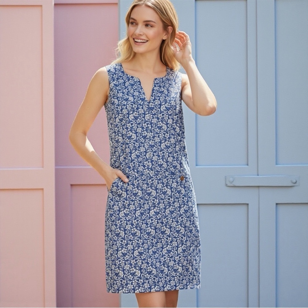J. McLaughlin Rue Sleeveless Linen V-Neck Shift Dress Blue/White Floral Size L